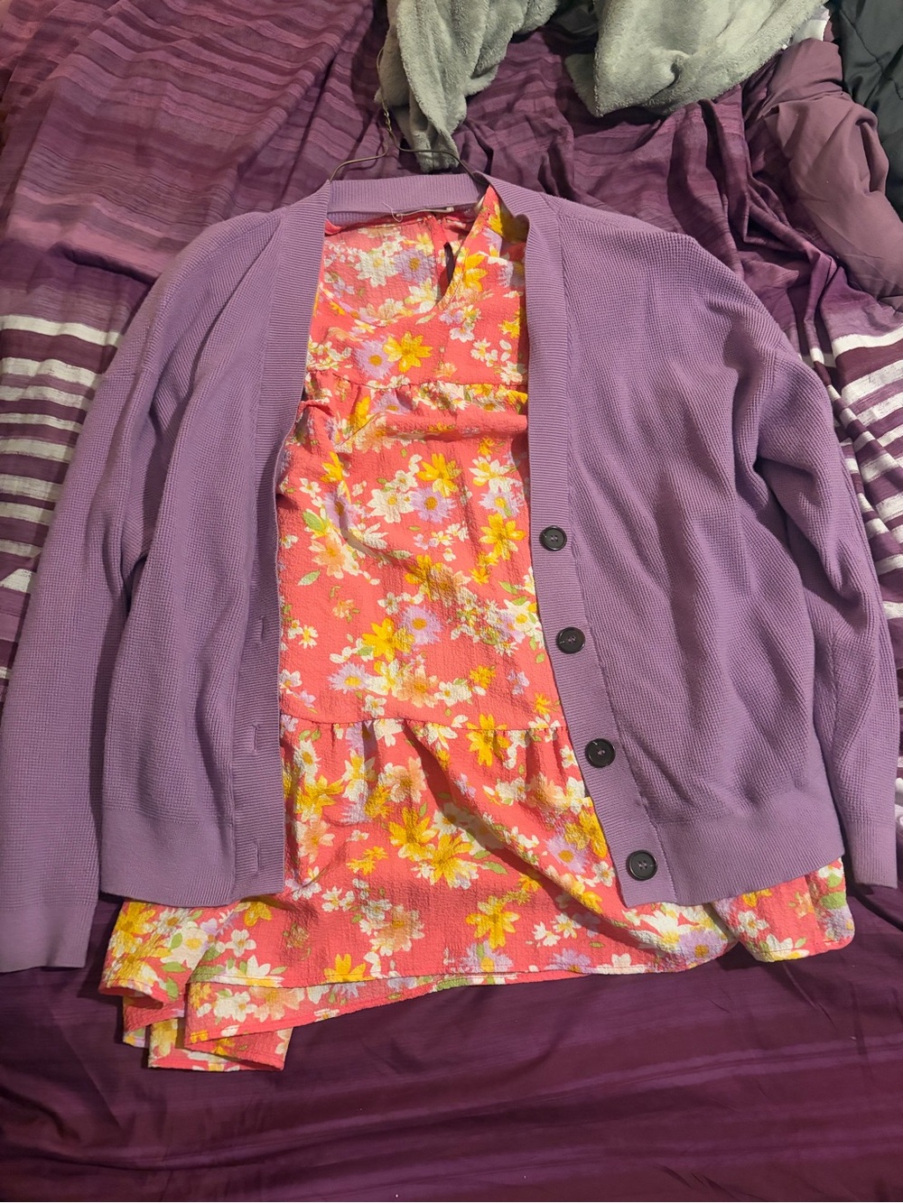 Lilac Button-Front Women's Cardigan Jacket and floral print top